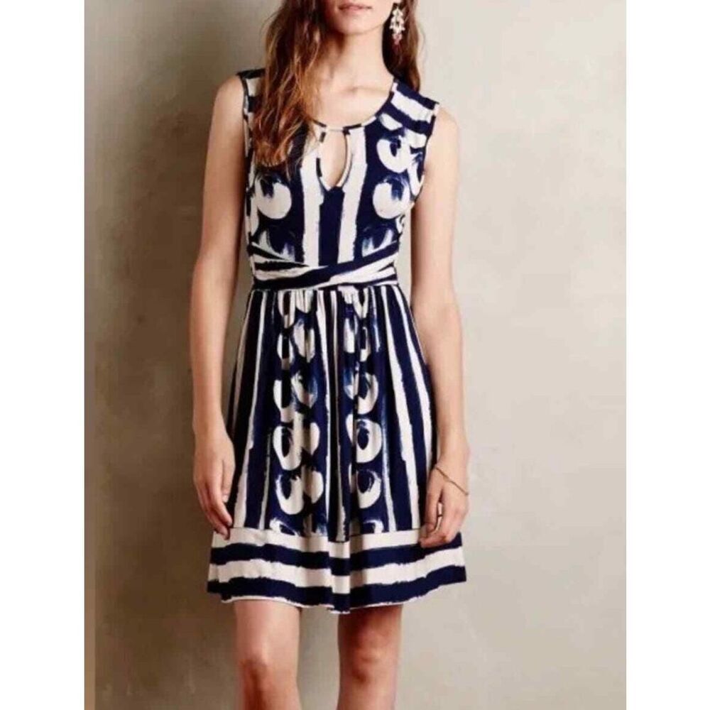 Maeve Navy & White Sleeveless Patterned Fit-and-Flare Midi Dress - Picture 3 of 7
